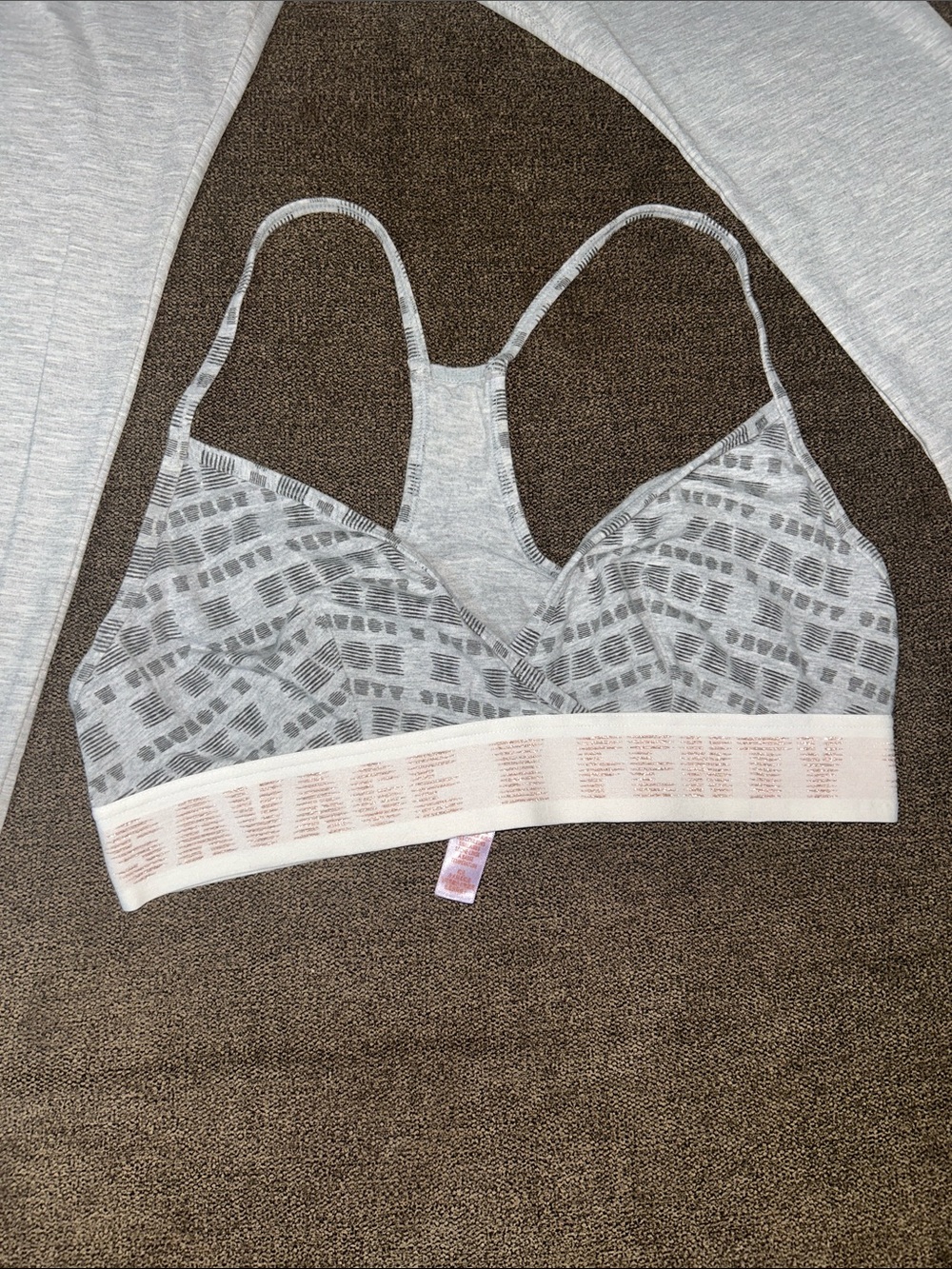 Savage X Fenty Gray Logo Sports Bra and High-Waist Shorts Set with Pink Elastic